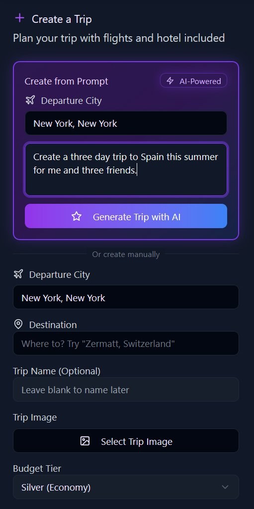 FibiTrips Create a Trip screen with AI-powered trip generation