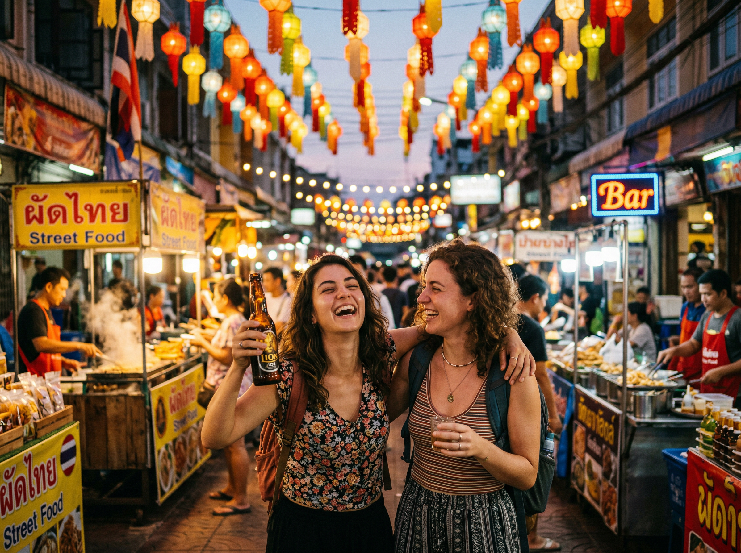 Two friends laughing together at a vibrant night market with colorful lanterns