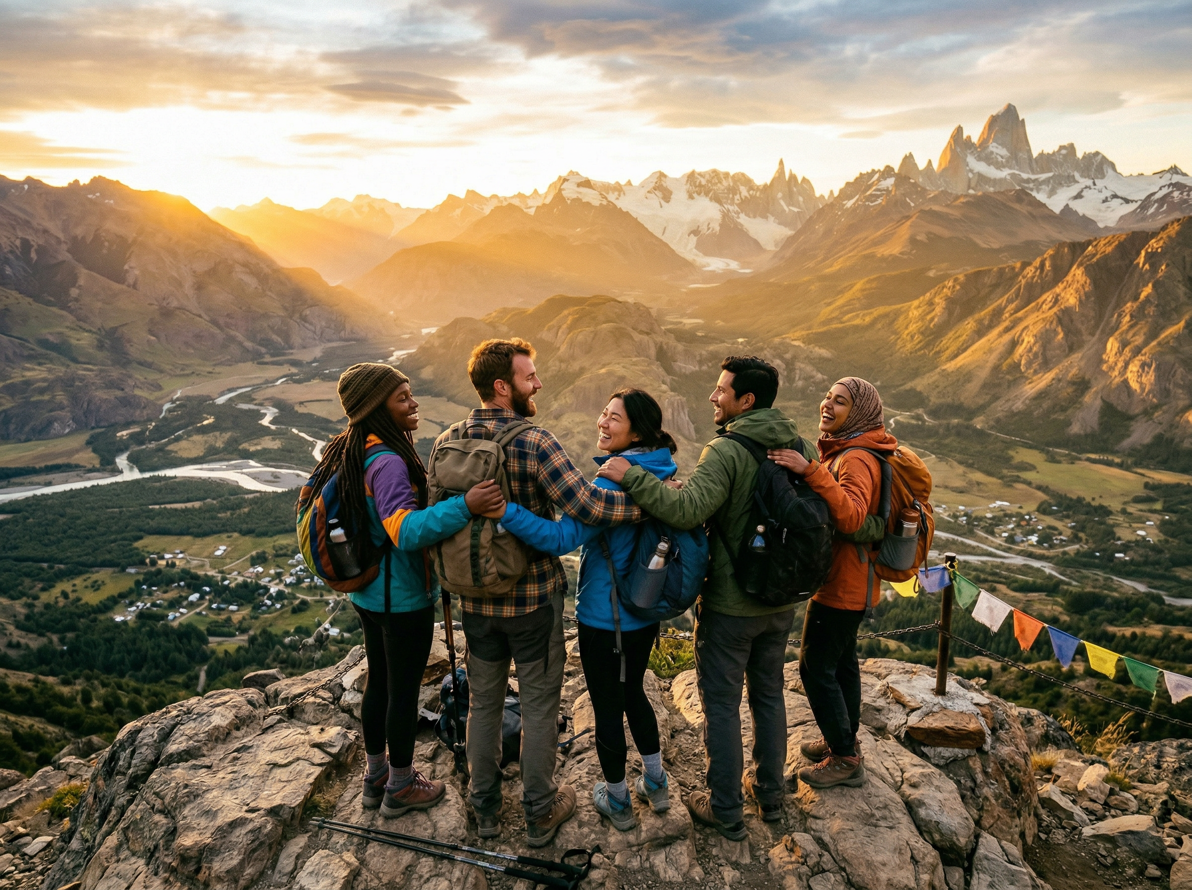 Group of travelers embracing at a mountain summit at sunrise with Patagonia peaks in background