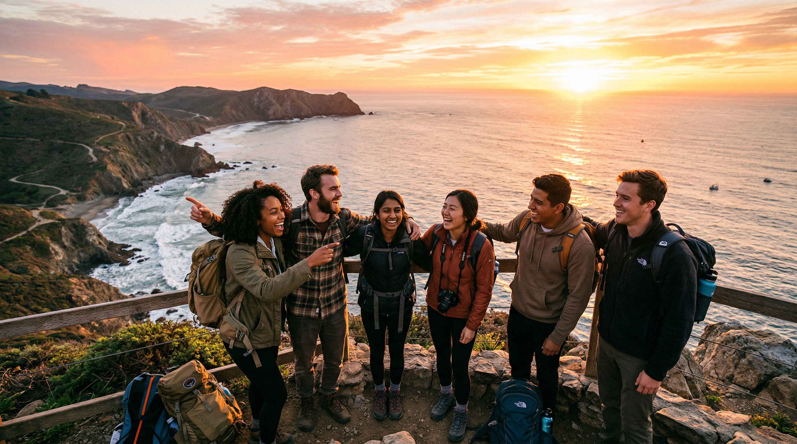 Group of friends laughing together at a coastal sunset viewpoint