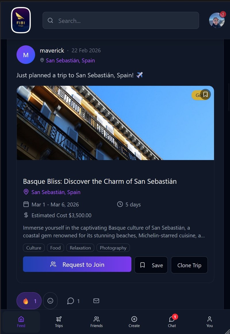 FibiTrips social feed showing a travel post with Request to Join button